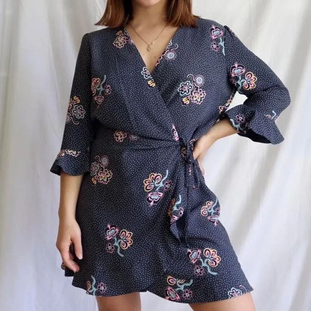 Loft Size 14 Half Sleeve Wrap Romper Dress Navy Polka Dot Floral Twee Preppy